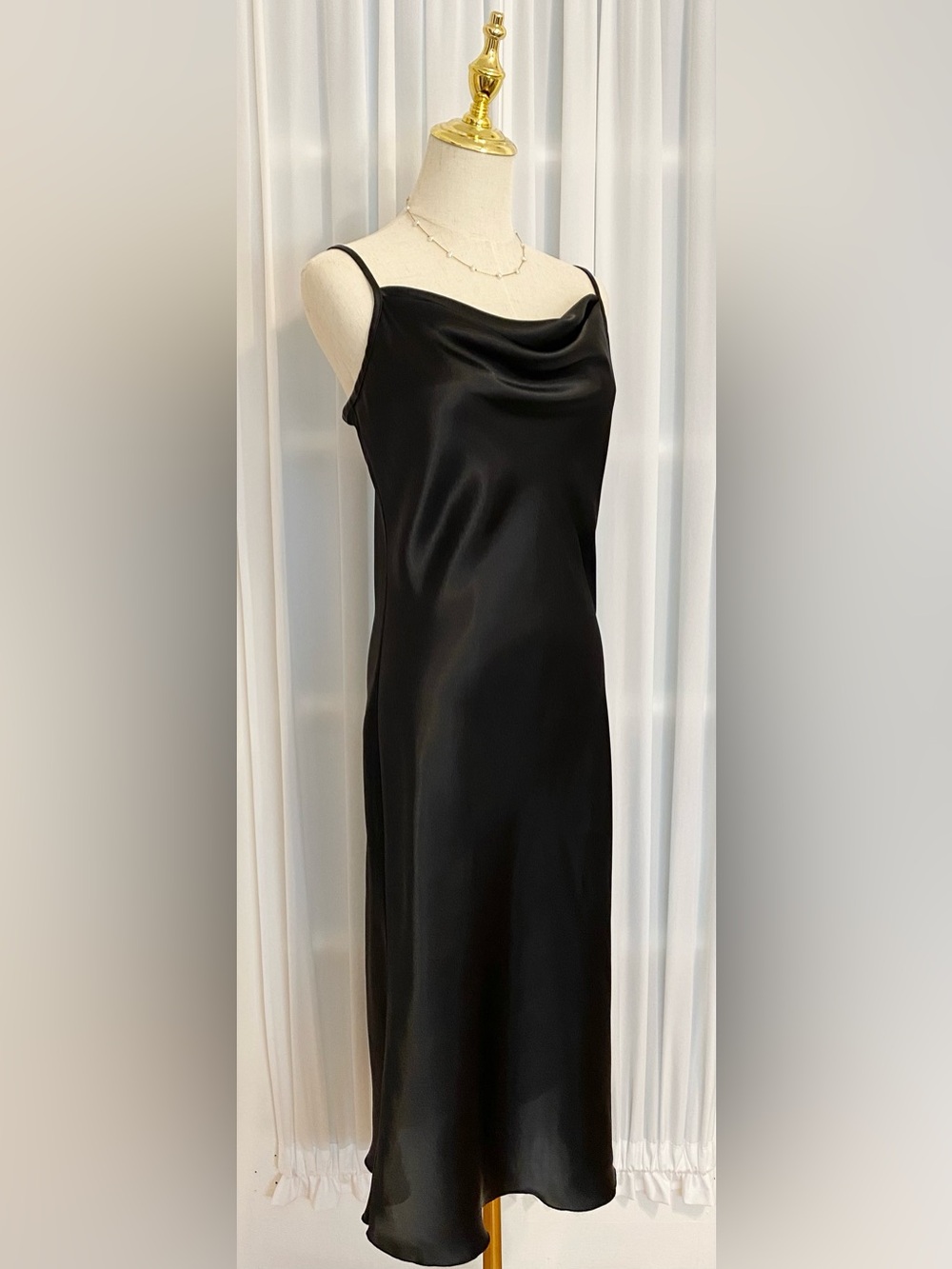 Satin Cowl Neck Slip Dress - Black